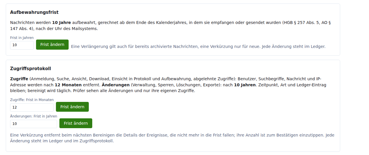 Aufbewahrungsfrist und die zwei Fristen des Zugriffsprotokolls