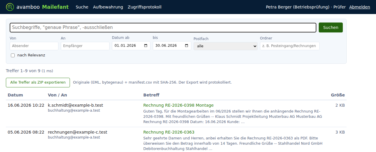 Prüfer: Suche über den Prüfungszeitraum mit Export-Schaltfläche