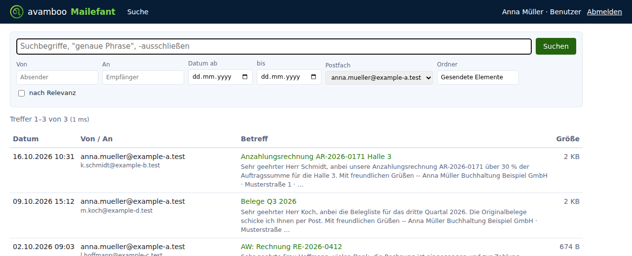 Suche im IMAP-Postfach, Ordner „Gesendete Elemente“