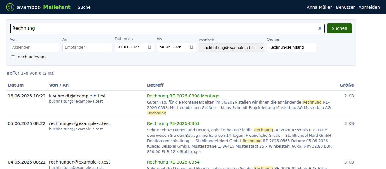 Suche mit Zeitraum, Postfach und Ordner