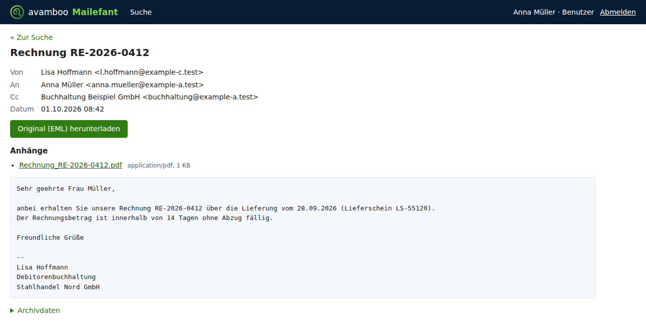 Geöffnete Mail mit Anhang und Download